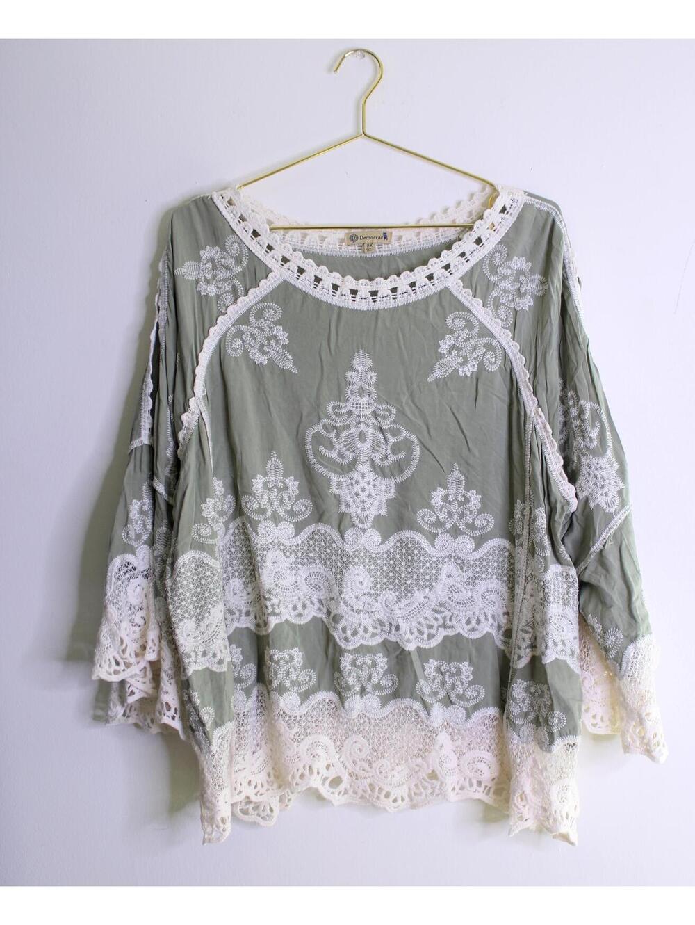 Democracy Whimsy Sage Green Embroidered Doily Blouse - 2XL